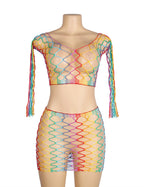 Rainbow Colorful Long Sleeve Two Piece Fishnet Bodystocking