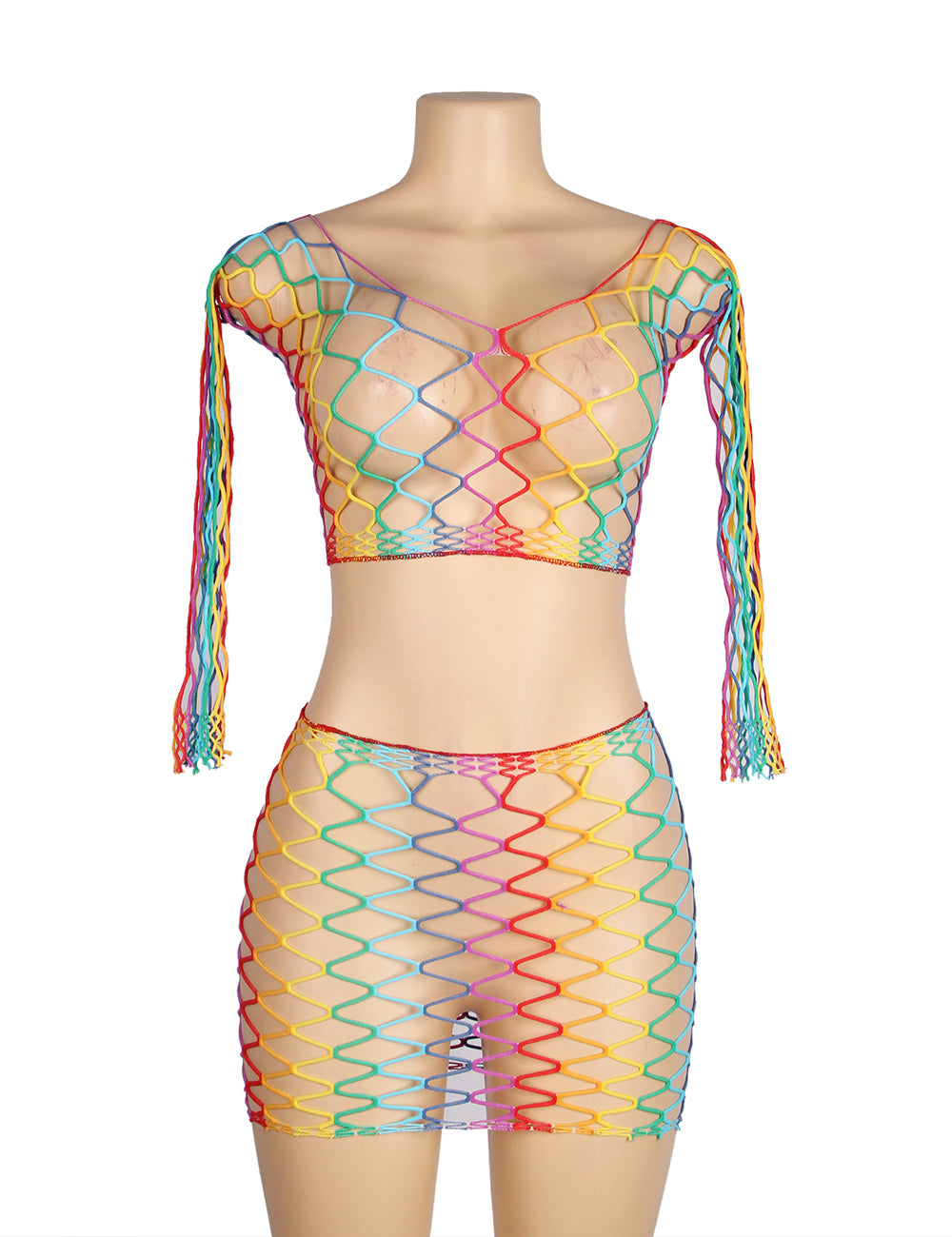 Rainbow Colorful Long Sleeve Two Piece Fishnet Bodystocking