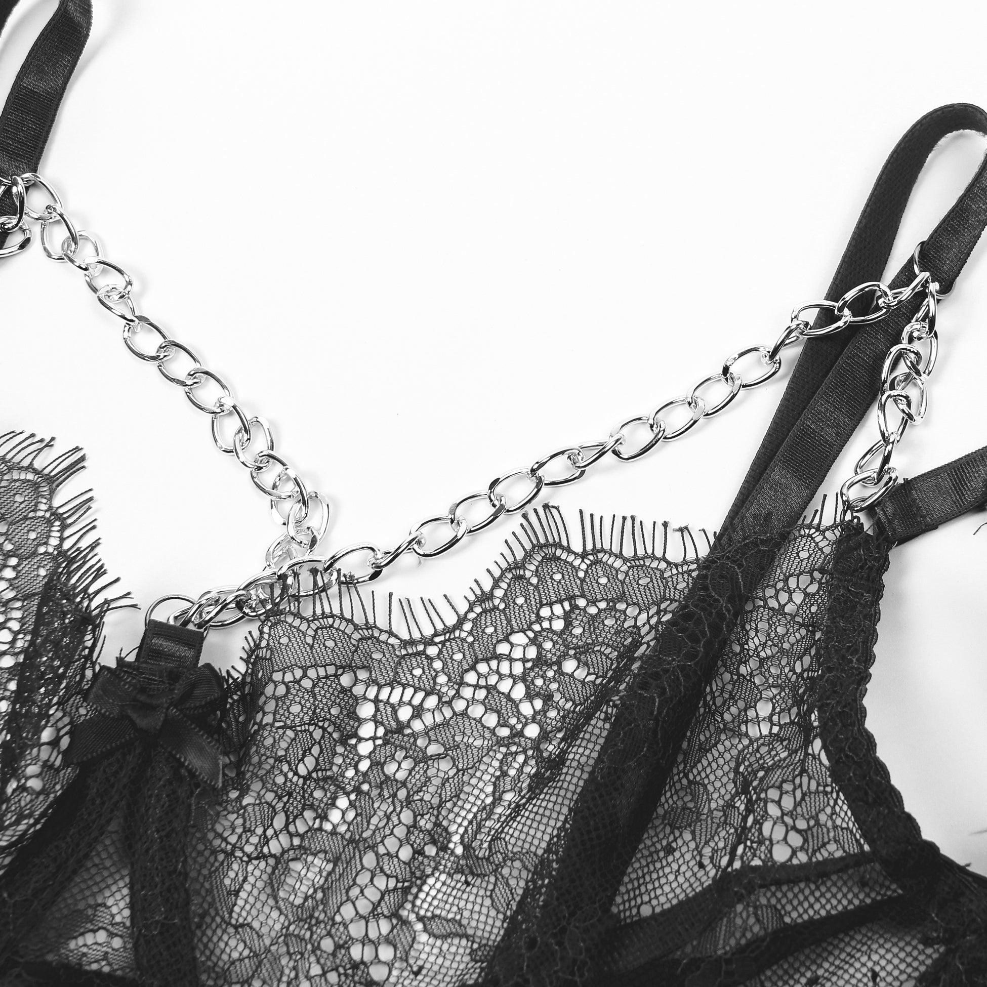 Black Feather Lace Chain Intimate Lingerie Set