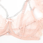 Pink Feather Lace Chain Intimate Lingerie Set