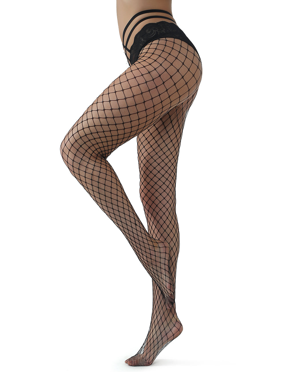 Black Strappy High Waist Lace Mesh Pantyhose