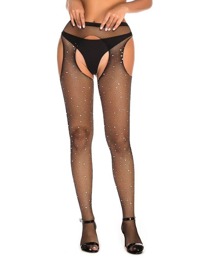Black Intimate Rhinestone Crotchless Fishnet Pantyhose