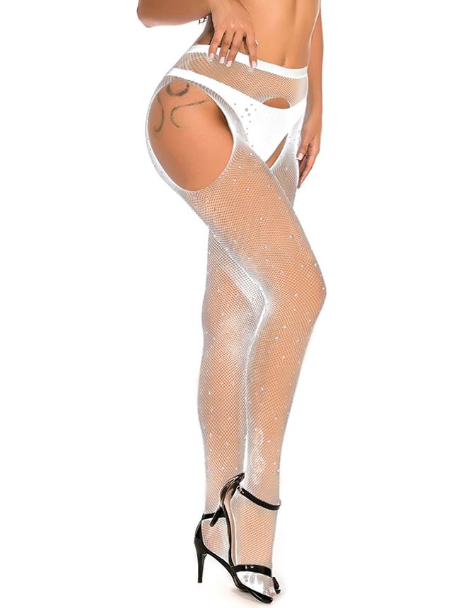 White Intimate Rhinestone Crotchless Fishnet Pantyhose