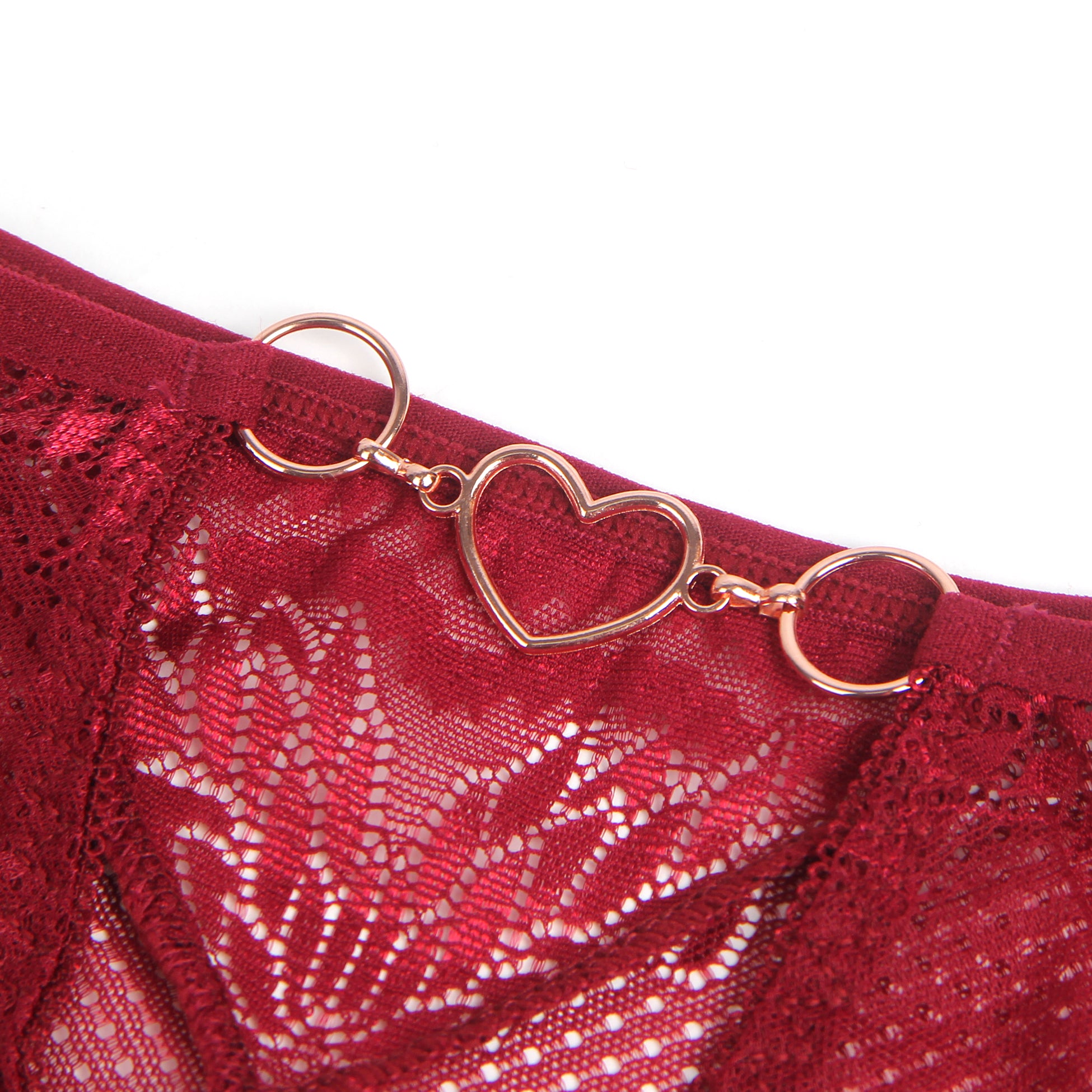 Burgundy Intimate Metal Heart Lace Hollow Out Women Panty