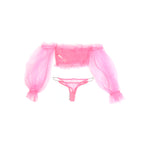 Pink Intimate See Through Mesh Metal Chain Long Sleeves Lingerie Set