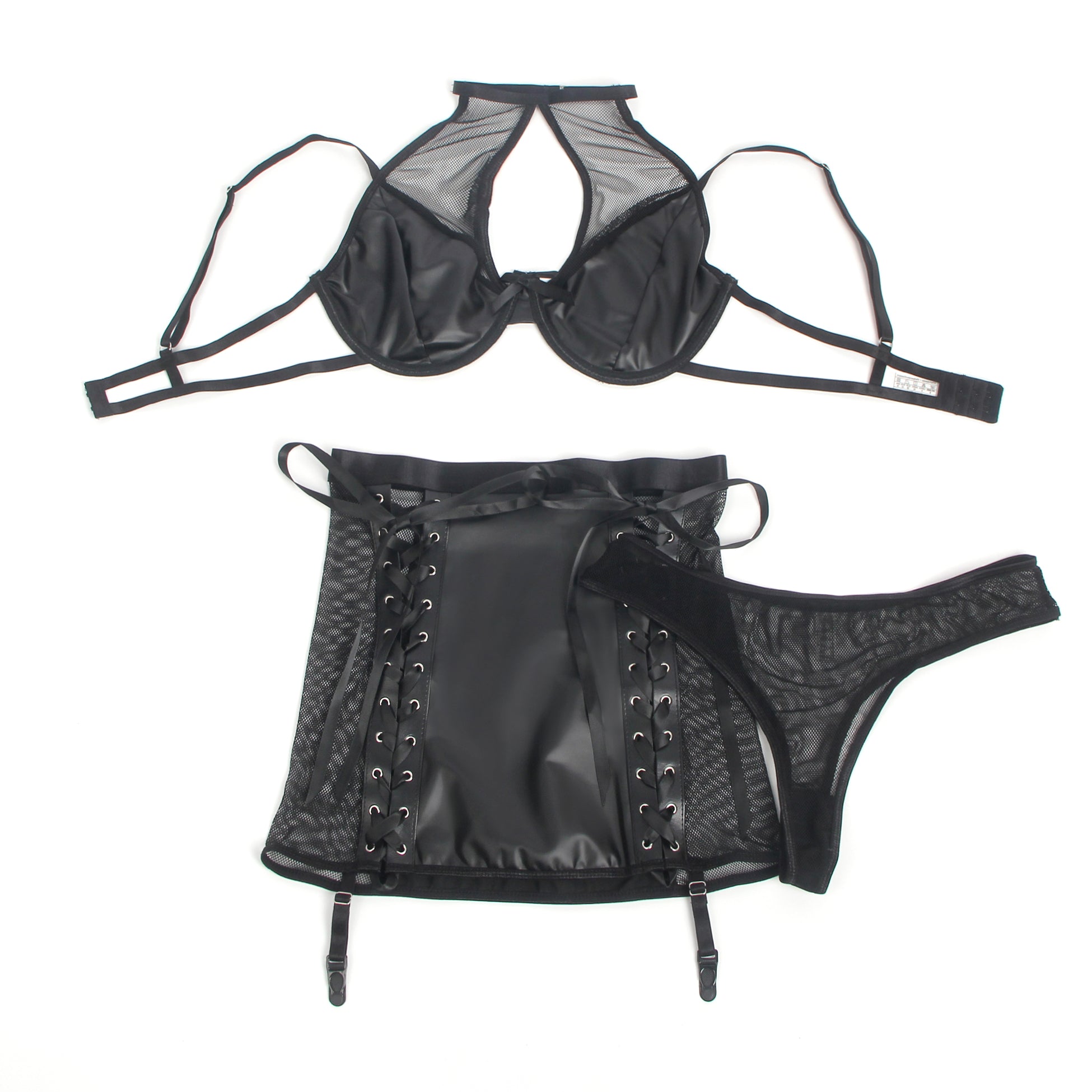 Black PU Leather Mesh Garter Belt Intimate Halter Neck Lingerie Set