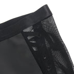 Black PU Leather Mesh Garter Belt Intimate Halter Neck Lingerie Set