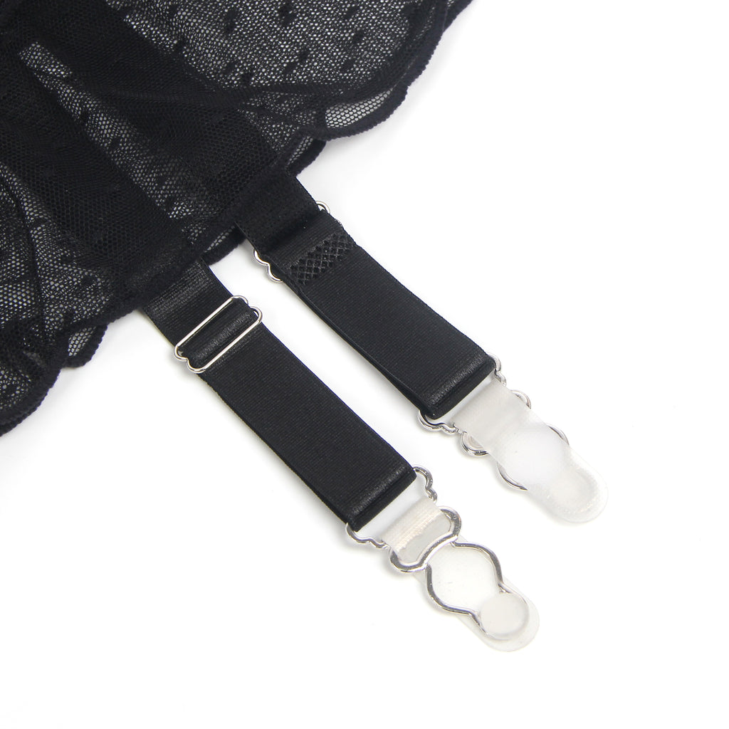 Black Dots Mesh Intimate Garter Belt With Metal Buckles