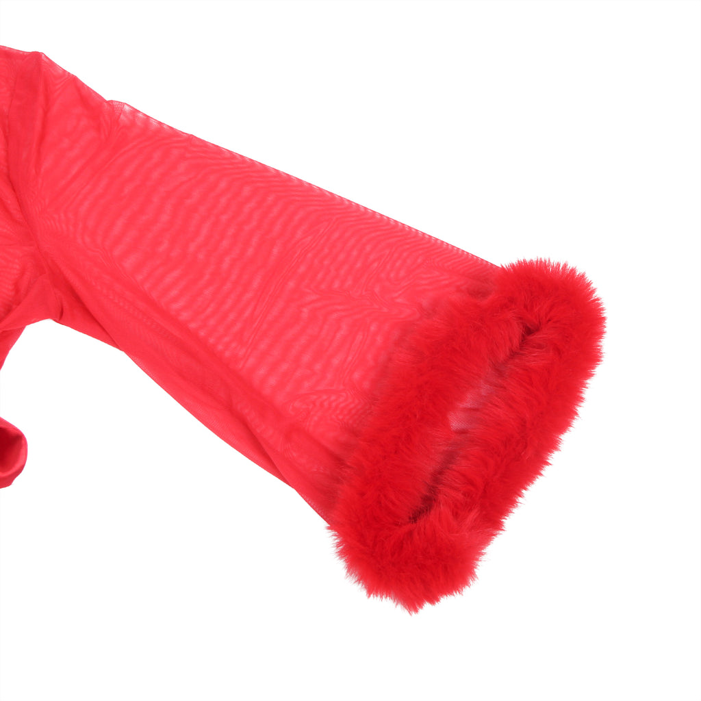 Plus Size Red Intimate Mesh Mink Fur Trim & Short Robe With Belt