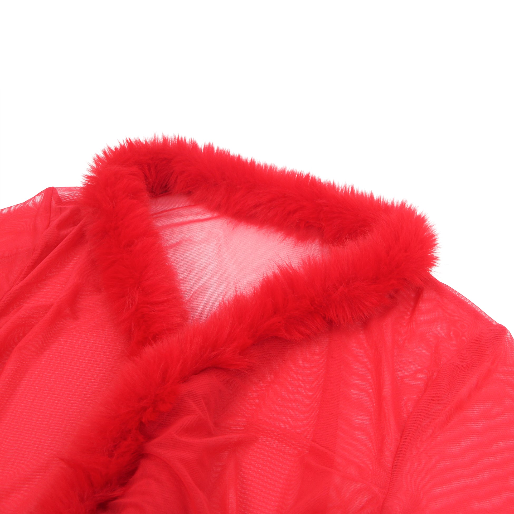 Red Intimate Mesh Mink Fur Trim Short Robe With Belt