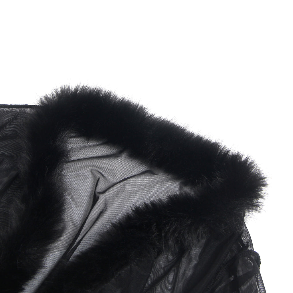 Black Intimate Mesh Imitation Mink Fur Trim Long Robe With Belt