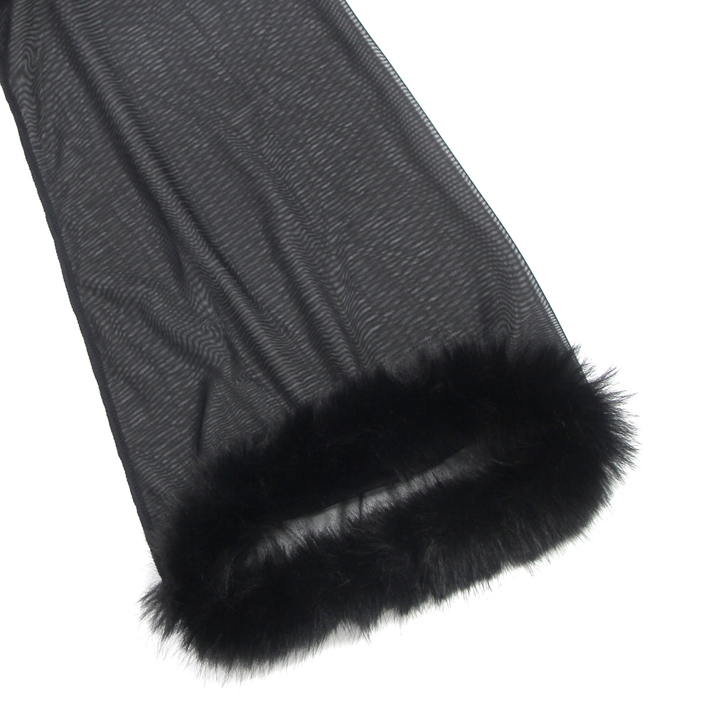 Black Intimate Mesh Imitation Mink Fur Trim Long Robe With Belt