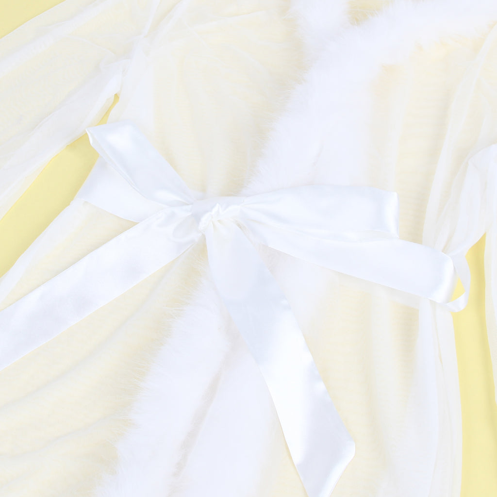 White Intimate Mesh Imitation Mink Fur Trim Long Robe With Belt