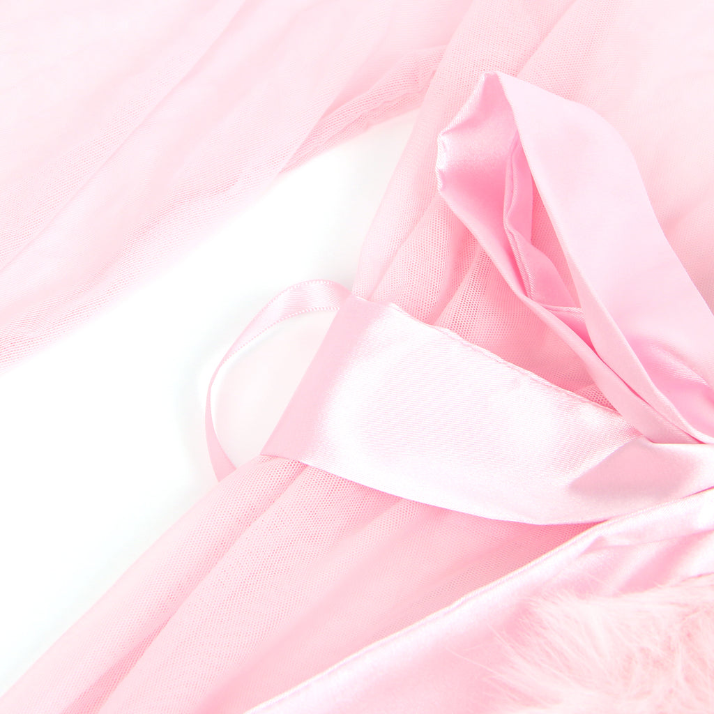 Pink Intimate Mesh Imitation Mink Fur Trim Long Robe With Belt