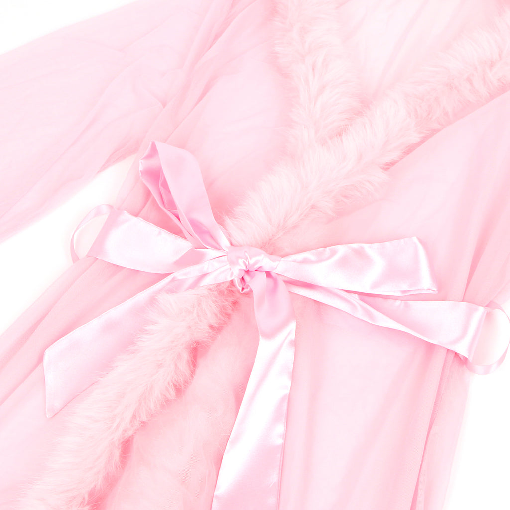 Pink Intimate Mesh Imitation Mink Fur Trim Long Robe With Belt