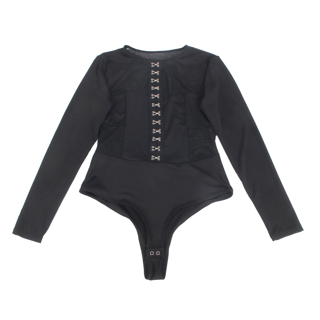 Black Intimate Swim Cloth And Mesh Long Sleeves Open Crotch Bodysuit