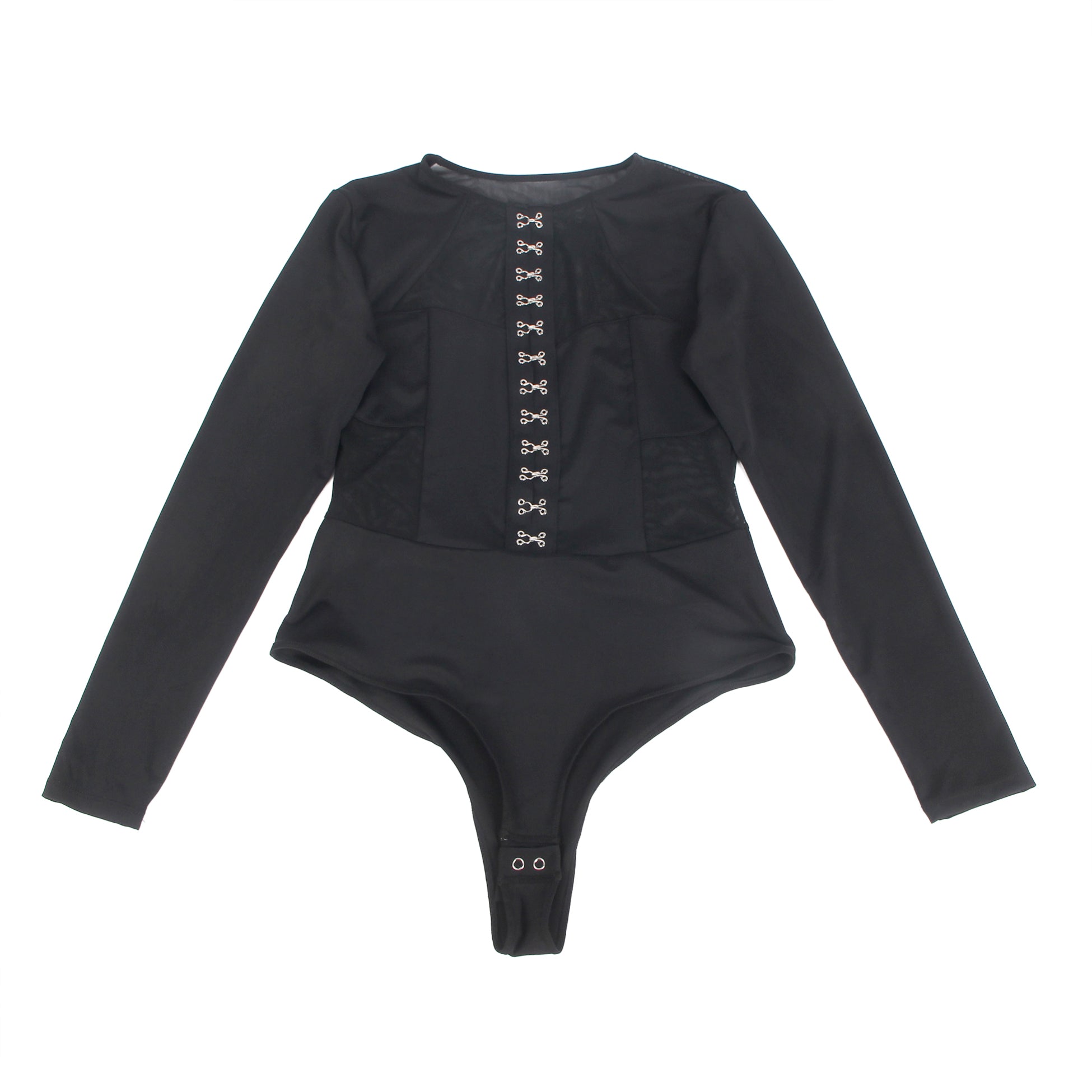 Black Intimate Swim Cloth And Mesh Long Sleeves Open Crotch Bodysuit