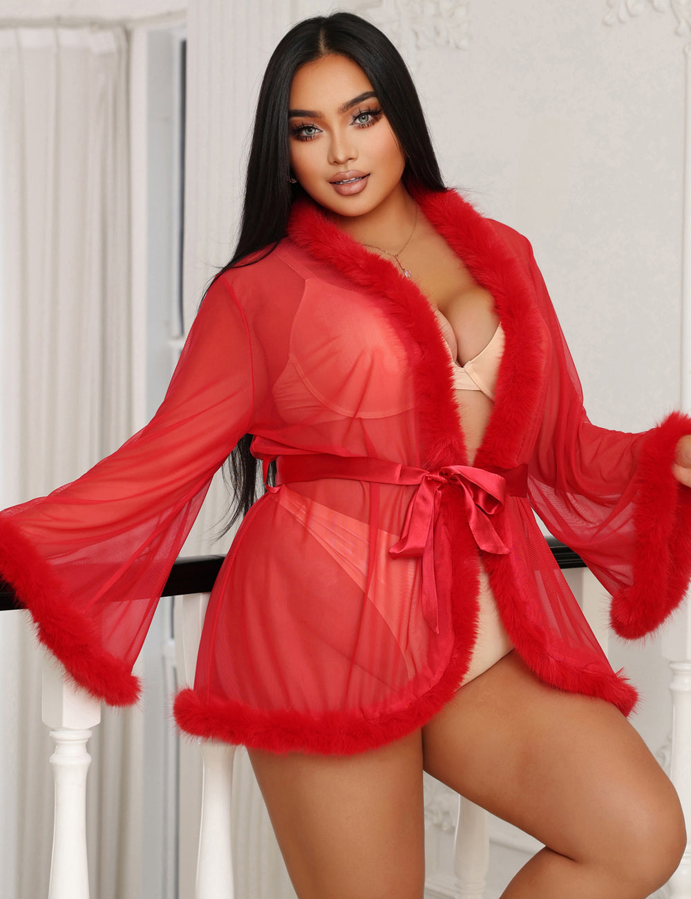 Plus Size Red Intimate Mesh Mink Fur Trim & Short Robe With Belt