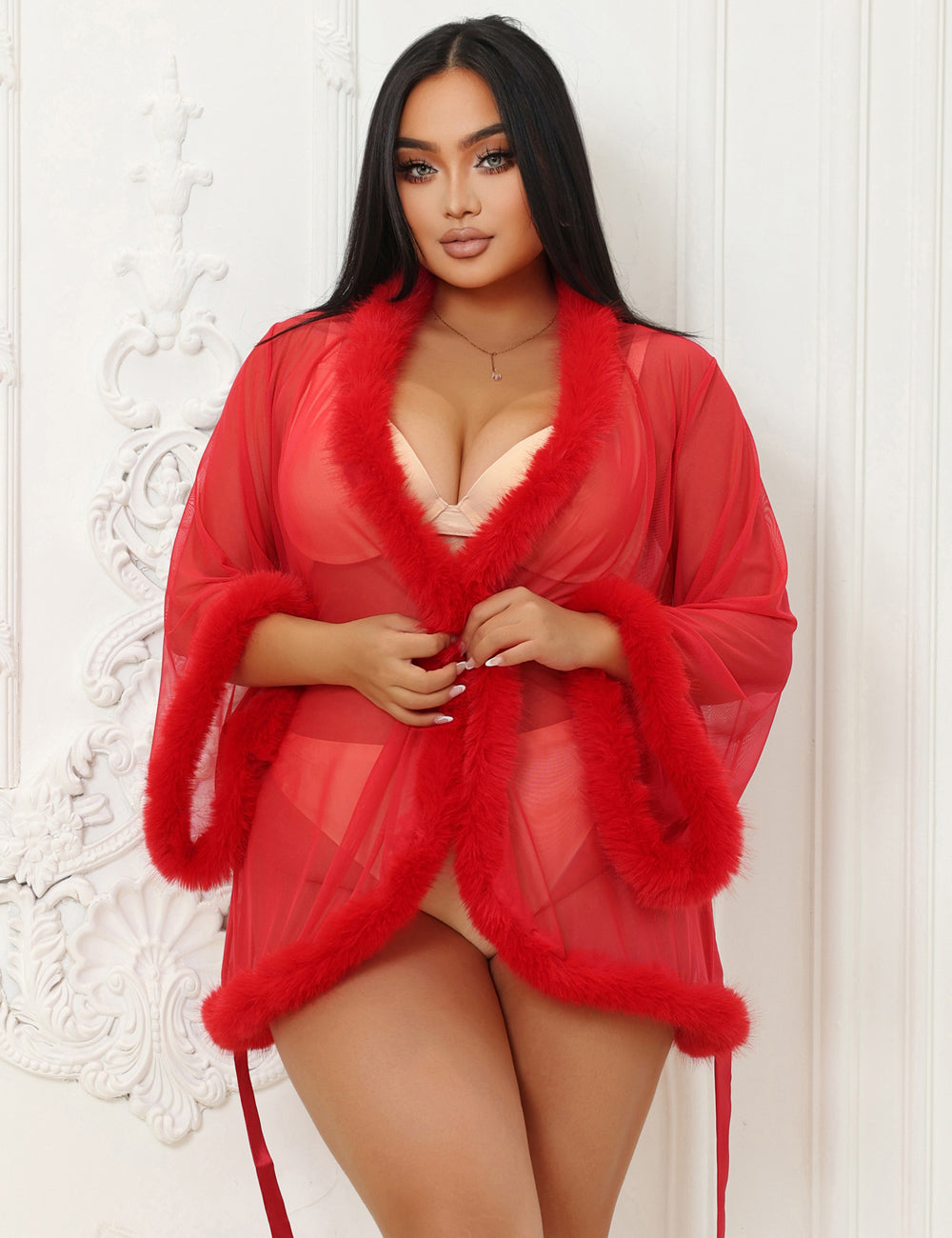 Plus Size Red Intimate Mesh Mink Fur Trim & Short Robe With Belt