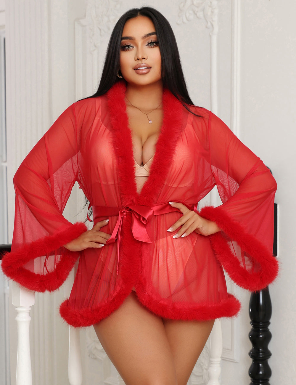 Plus Size Red Intimate Mesh Mink Fur Trim & Short Robe With Belt